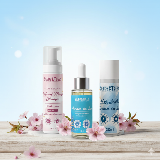 3u1 Set za blistavu kožu (serum za lice sa uljem avokada i makadamije, pjenasta umivalica za čišćenje lica i hidratantna krema za lice)